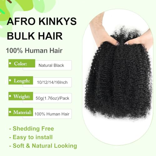 16 Inch Afro Kinkys Bulk Human Hair Kinky Curly Braiding Hair for Mini Twist 50g/Pack Natural Black 4C Dreadlock Extensions for Permanent Sister Locs/Mini Twists/Braids/Repair Can Dye and Bleach