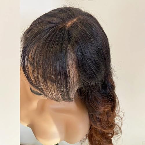 1b30 Ombre Brown Layered Cut Wavy Human Hair Wig With Bangs 13X6 HD Invisible Lace Front Wig Pre Plucked For Women Glueless Wig Brazilian Remy Hair With Baby Hair 150% Density 14 Inches