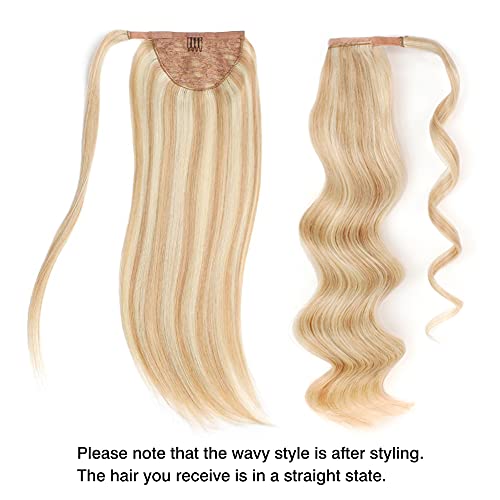 ABH AMAZINGBEAUTY HAIR Hair Women Ponytail Extension, Remy Human Hair, Wrap in Easy to Use, 100 Gram, Dirty Blonde with Platinum Blonde Highlights P12-60 Color, 20 Inch