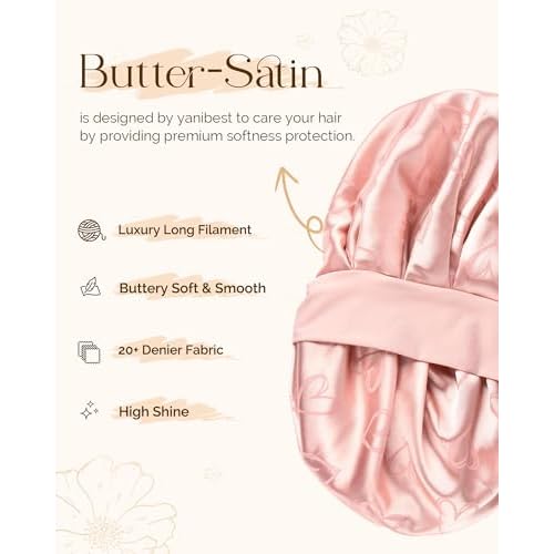 YANIBEST Adjustable Satin Bonnet for Sleeping, Double Layer Silk Bonnet with Tie Band for Women, Sleep Cap Curly Natural Hair, Pink