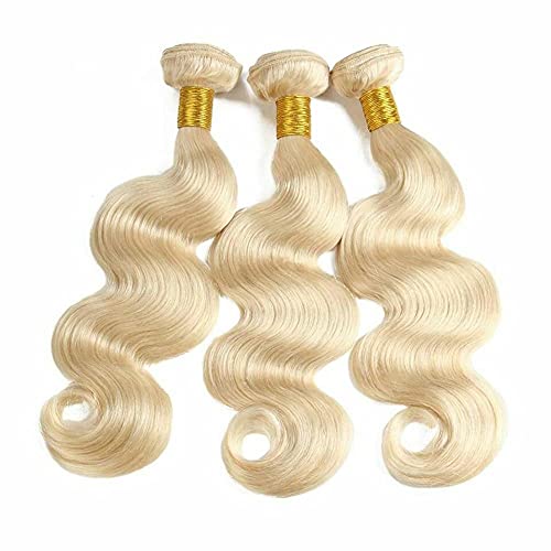 613 Human Hair Bundles Brazilian Body Wave Blonde Virgin Hair 3 Bundles with 4x4 Lace Closure Free Part Remy Hair Extensions for Women (14 16 18+12, #613)