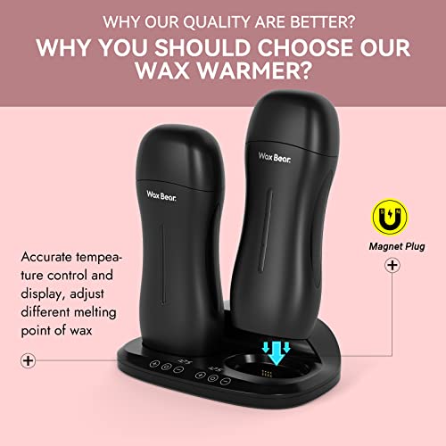 Wax Bear Roll On Warmer with Double Roller for Soft Wax Cartridges, Magnetic Heater Base for Hair Removal - Ideal for Home or Salon Use (Black)