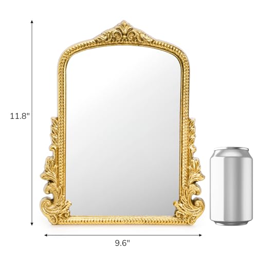 ZOOFOX Vintage Vanity Desk Table Mirror, 11.8" x 9.6" Arched Antique Makeup Mirror with Full Wooden Frame, Small Standing Carved Baroque Mirror for Living Room, Bedroom Dresser, Desktop Decor