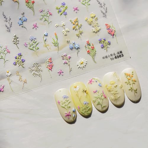 JMEOWIO 3D Embossed Flower Nail Art Stickers Decals Self-Adhesive 5D Spring Summer Floral Nail Supplies Nail Art Design Decoration Accessories 1 Sheets