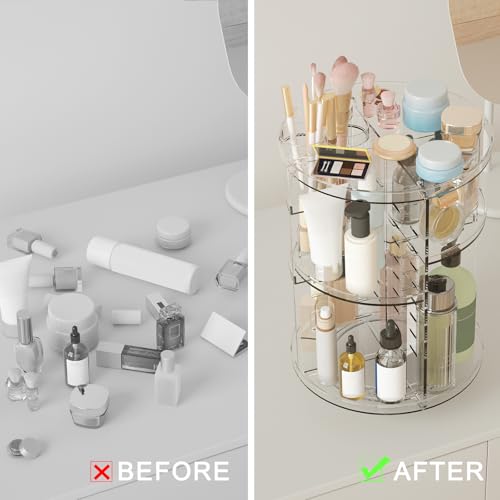 Rotating Makeup Organizer, DIY 8 Adjustable Layers Spinning Skincare Organizer, Cosmetic Display Case with Brush Holder Perfume Tray, Multi-Function Storage Carousel for Vanity Bathroom Countertop