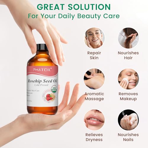 PHATOIL Organic Rosehip Seed Oil for Face 4oz/118ml, USDA Certified Organic Pure and Natural Cold Pressed Base Carrier Oil, Massage Gua Sha for Face and Body, Moisturizing for Hair and All Skin Type