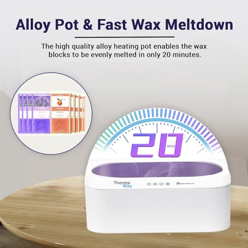 ThermaWax Paraffin Wax Machine | Auto Lid for Hands, Feet & Elbows |20-Minute Quick Melt |Precision Temperature Control | Includes 8 Refills(4-Peach, 4-Lavender),Cotton Gloves,Booties,Brush, & Spatula