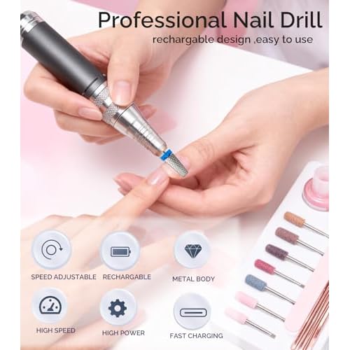 ?Lumcrissy 40000RPM Professional Electric Nail File Kit - Rechargeable Cordless Nail Drill for Acrylics Gel Nails, Portable Efile Machine with 6 Bits for Home Salon Manicure Pedicure Care (White)??