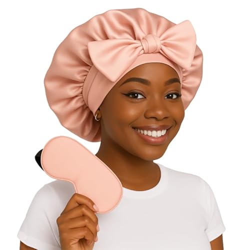 Sosun Beauty Double Layer Blush Pink Satin Sleep Bonnet with Tie Band and Free Matching Sleep Mask