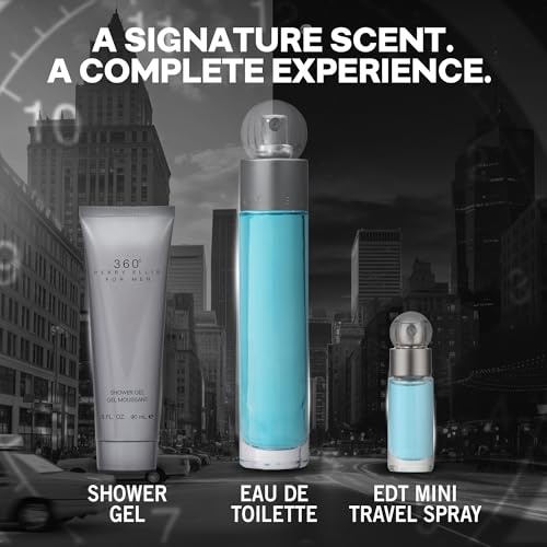 Perry Ellis 360¡Æ 3-Piece Gift Set - Men's Cologne - 3.4 fl oz EDT, 3 oz Shower Gel, .25 fl oz EDT mini travel spray - fresh, woody, citrus, aquatic, long-lasting, gift idea