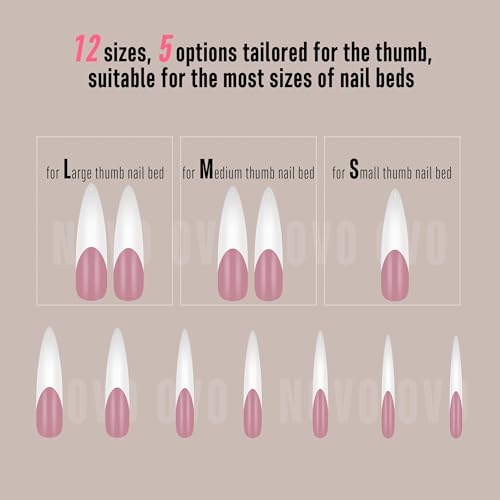 NOVO OVO Halloween XXL Curved Stiletto Almond French Tip Nail Tips, Soft Gel Extra Thick Long Acrylic Hawk Curve Fake Extension, Need Builder Gel & Top Coat, Full Cover Press on DIY 12 Sizes 240 pcs