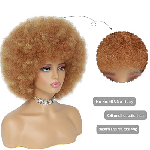 Afro Wig - Soft 70s Afro Wig For Women Blonde Afro Kinky Curly Hair Wigs With Bangs Ash Blonde Short Curly Wig For Men Bouncy Afro Puff Synthetic Hair Afro Wig For Daily Party Use