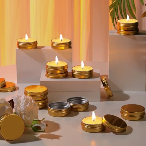 Patelai 64 Pieces Lip Balm Tin Containers Screw Top Round Tin Cans Aluminum Jar with Screw Lid, Empty Bottle Travel Cosmetic Sample Container for DIY(1 oz,Gold)