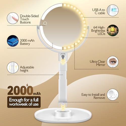Makeup Mirror with Lights, 30X Magnifying & Height Adjustable, Lighted Magnifying Mirror with 3 Light Modes and Stepless Dimming, Vanity Mirrors for Bathroom, Birthday Gift for Women, White