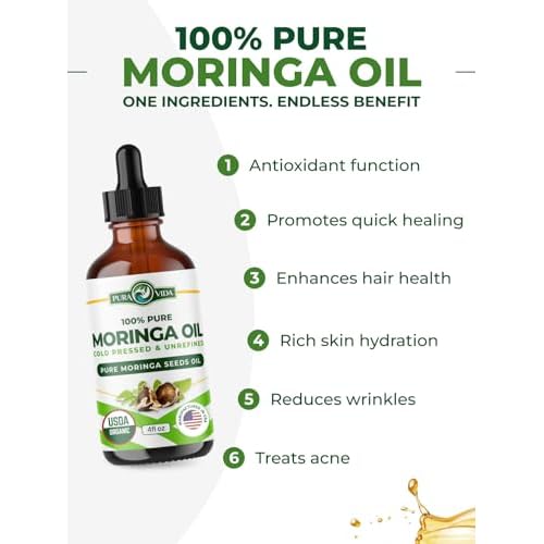 100% Pure Moringa Oil Organic for Face, Hair, Nails and Dry Skin - USDA Certified Single Origin Moringa Oleifera Seeds Extract - 3rd Party Tested, Cold Pressed & Unrefined Organic Moringa Seed Oil