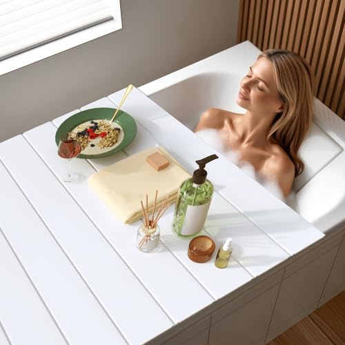 Bathtub Tray, Foldable Anti-dust Bathtub Cover Bath Insulation Cover, PVC Shutter Bath Lid Fit Most Tubs, Can Store Wine Glass, Books, Tablets, Cellphones (White, 150¡¿70¡¿0.6CM)