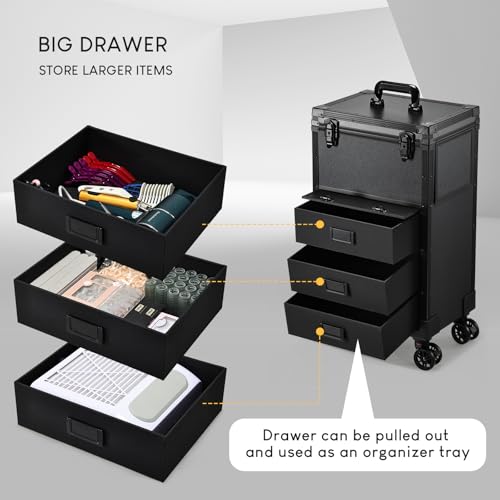 Rolling Makeup Case with lighted mirror, Cosmetology Case on Wheels with LED Mirror, Professional Salon Trolley Cart with Drawer,Travel Makeup Lockable Beauty Organizer with Live Stream Light
