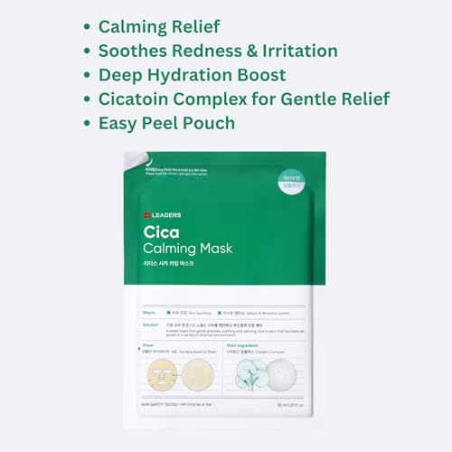 LEADERS Insolution Cica Calming Mask - Soothing Relief for Irritated & Sensitive Skin | Helps Reduces & Relieves Redness | Calming Care, Sebum & Moisture Control, Easy Peel Pouch - 10 Sheets