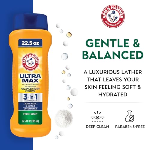 Arm & Hammer Essentials Mens Body Wash - Ultra Max 3-in-1 Cool Water 22.5oz - Mens Shampoo Conditioner Body Wash