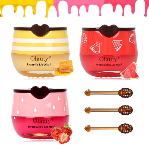 3 PCS Bee Lip Balm Lip Mask Honey Pot,Strawberry&Honey&Watermelon Lip Sleeping Mask,Hydrating Prevention Dry Lip Care,Moisturizing Lip Mask Overnight Reduces Lip Lines