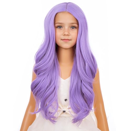Purple Wig for Kids Girls - Long Wavy Curly Synthetic Wig with Wig Cap