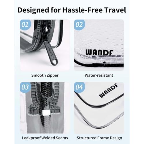 WANDF TSA Approved Toiletry Bag, 2 Packs Travel Clear Toiletry Bag, Quart Size Makeup Cosmetic Pouch with Zipper, Carry-On Airport Compliant Bag for Women and Men (2 pcs, Black)