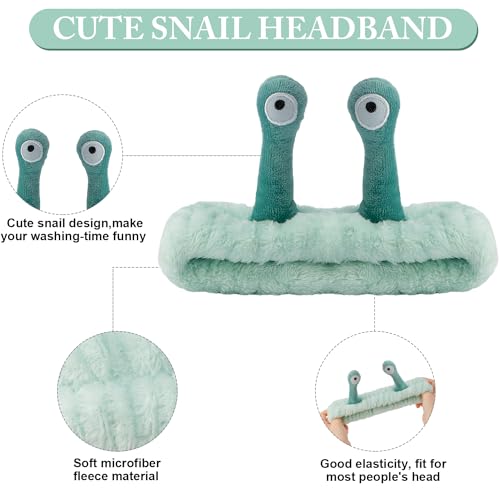 SuPoo 3pcs Snail Face Wash Headband and Wristband Set, Green, Puffy Microfiber Fleece Material, Cute Wrist Towels, for Spa, Sports, Yoga, Face-Washing, Makeup and Shower