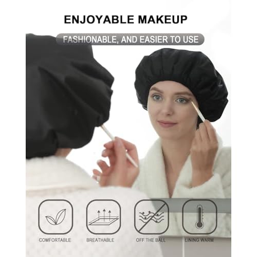YIZIJIZI Terry Lined Shower Cap,Triple Layer Large Cap for Women,Shower Cap Reusable Waterproof,Long Thick Hair(Black)