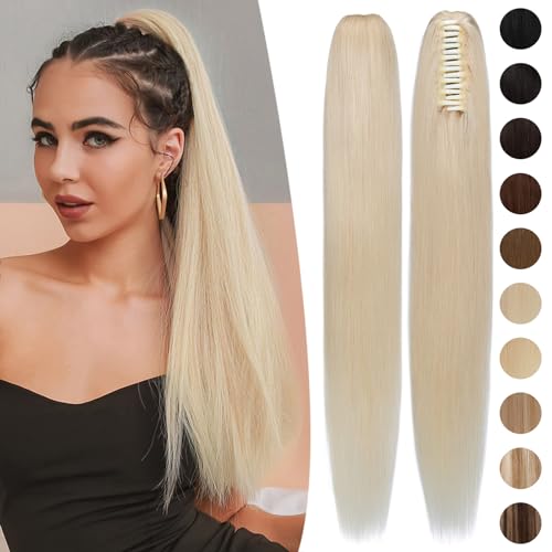 S-noilite Claw Clip Ponytail Extension Human Hair #60 Platinum Blonde Real Remy Human Hair Ponytail Extension 20inch Long Straight Hair Pony Tails Hair Extensions For Women 120Grams