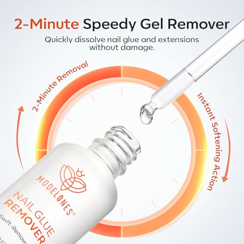Modelones 50 ML Nail Glue Remover for Press On Nails, Upgrade Clear Stick On Nails Remover for Acrylic Tips, Nail Polish Remover with Wood Stick