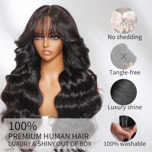 Beauty Forever Bye Bye Knots Black Fluffy Natural Loose Wave Curtain Bangs Wig Glueless Wigs Human Hair Pre Plucked Pre Cut 7x5 Lace Closure Ready to Wear Drawstring Wig for Women 180% Density 18 Inch