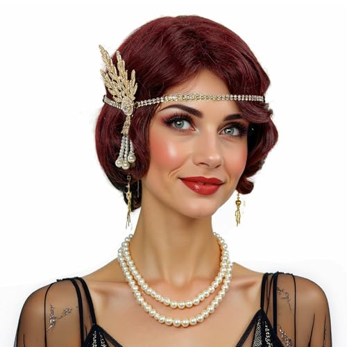 STfantasy 20S Finger Wave Wig Flapper Curly Synthetic Hair for Women 1920s Cosplay Costume Halloween Party Daily Everyday Wear (Black+Red)