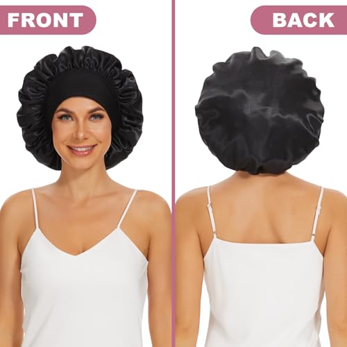 4Pcs Satin Bonnet Silk Bonnet, Hair Bonnet for Sleeping, Elastic Wide Band Silk Sleep Cap, Soft and Breathable (Black Red Purple Gold)