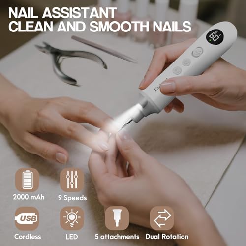 Eletorot Electric Nail File Set for Seniors, 5 in 1 Toenail Grinder Kit for Thick Nails, Professional Manicure and Pedicure Kit, Cordless Pedicure Tools for feet, 9 Speeds Nail Drill Machine