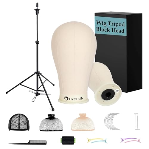 HYOUJIN Wig Stand with Adjustable Mannequin Head, Tripod Stand, Canvas Block Head, Wig Caps, T-Pins, Carry Bag (35.4-52.4in)