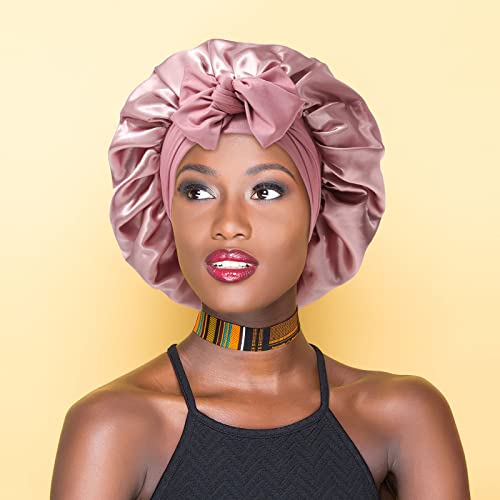 Satin Bonnet for Women - Tie Band Hair Bonnet Large 2 Layered Silk Sleeping Cap Nightcap with 3PCS Hair Scrunchies (Dust Rose)