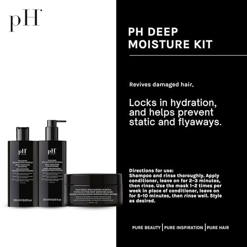 pH PURE HAIR Deep Moisture Set - Deep Moisture Shampoo (8.4 Oz) and Conditioner (8.4 Oz) Set with Extra Butter Hair Mask (6.7 Oz) for Damaged & Dry Hair - 3 Piece Kit