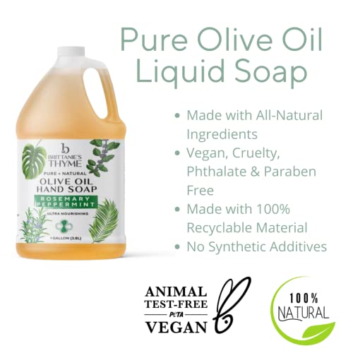 Brittanie's Pure Organic Castile Liquid Olive Oil Soap Refill, Rosemary Peppermint, 1 Gallon | Face, Body Wash, Dishes, Pets & Laundry | Vegan & Gluten Free Non-GMO