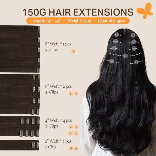 DOORES Hair Extensions Clip in Human Hair, Light Dark Brown 22 Inch 150g 9pcs, Natural Real Extensions Clip in Thick straight Weft
