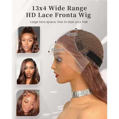 Chocalate Brown Lace Front Wigs Human Hair 13x4 HD Transparent Lace Frontal Wigs Body Wave Colored 4 Brown Wavy Wig Pre-Plucked Hairline 180% Density 26 inch