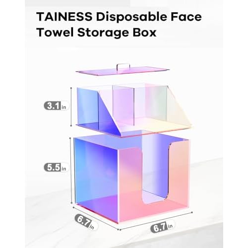 Disposable Facial Towels Storage Box Compatible with Clean Skin Club Clean Towel XL - Cotton Pads - Swabs Upgraded Double Layer Acrylic Storage Container Face Towel Holder (Glossy Rainbow)