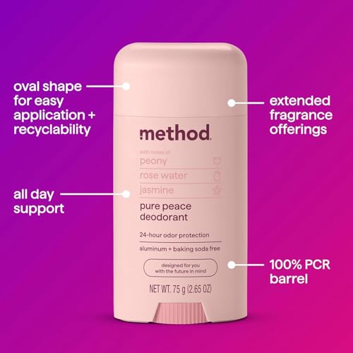 Method Deodorant, Pure Peace, Rose Water, Peonies + Pink Sea Salt notes, 24 Hour Odor Protection, 2.65 oz