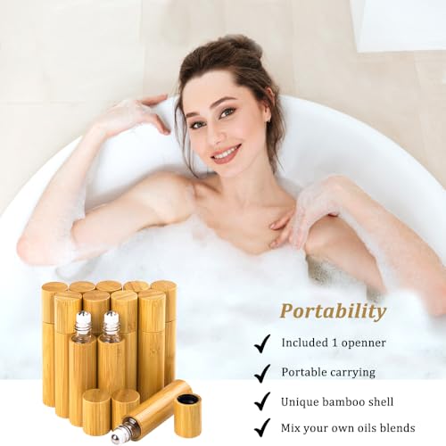 AUHOKY 12Pcs Bamboo Roll on Bottles for Essential Oils, Portable Massage Oil Bottle with Stainless Steel Roller Ball, Reusable Travel Perfumes Sample Lip Gloss Container (1 Opener) (10ML)