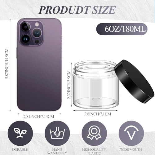 Patelai 60 Pcs Plastic Container Jars with Lids Round Clear Travel Cosmetic Container Jars for Toiletries, Lotion, Cream, Ointments, Makeup, Rhinestone, Samples, Kitchen Storage(Black,6 oz)
