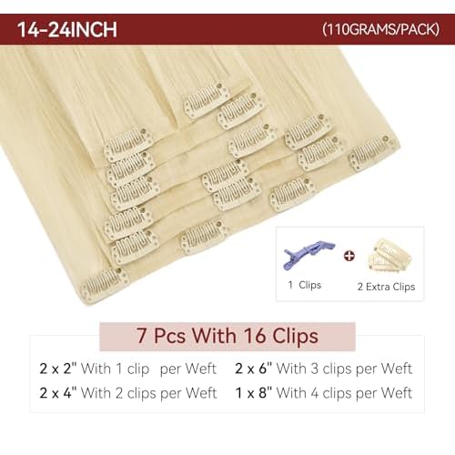 LOVELINE Seamless Clip in Hair Extensions Real Human Hair, Luxury Remy Human Hair Extensions Clip ins for Women, 24 Inch 110g 7Pcs, Bleach Blonde