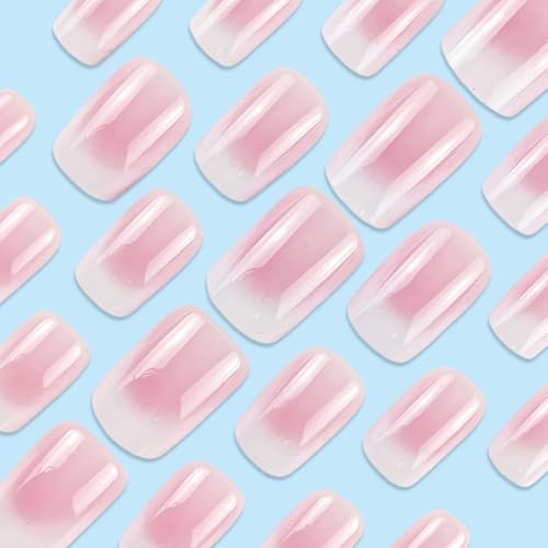 Medium Square Press On Nails Girls Fake Nails with Pink to white Ombre Simple and Stylish Design, Acrylic Artificial False Nails Press On Stick On Nails for Women