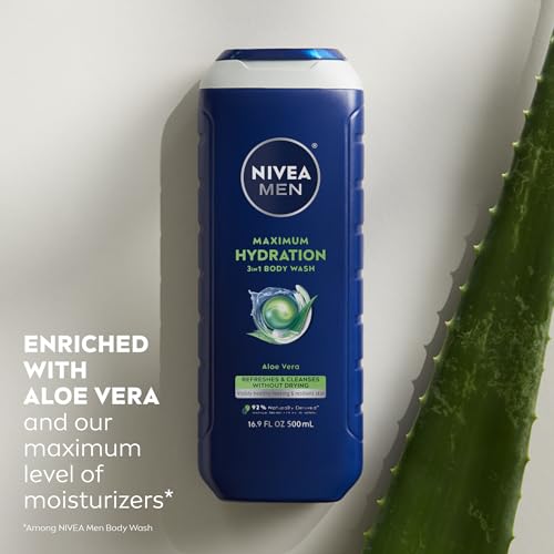 Nivea Men Maximum Hydration Body Wash for Dry Skin, Aloe Vera Enriched, 3-in-1 Moisturizing Body Wash, Face and Hair, Paraben Free, Vegan Formula, 16.9 Fl Oz Bottle, Pack of 3