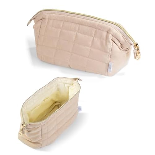 Ms. pen- Aesthetic Quilted Makeup Bag for Women, Beige, Puffy Padded Cute Makeup Bag Cute, Cosmetic Pouch, Quilted Pouch