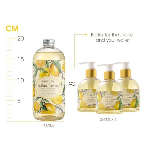 ROMIIE ZOI Lemon Scent Liquid Hand Soap Refills - Natural, Gentle & Moisturizing Formula - Family Size 3 Pack, Ideal for Liquid Soap Dispensers in Kitchen & Bathroom