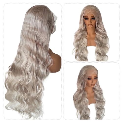 13x6 Lace Front Wig Human Hair, 180% Density Mini Knots HD Invisible Lace Wig for Women Free Part Glueless Silver Grey Colored Human Hair Wigs Long 34 Inch